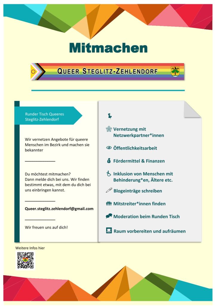 Mitmachen in den Bereichen Vernetzung mit Netzwerkpartner*innen, Öffentlichkeitsarbeit, Fördermittel & Finanzen, Inklusion von Menschen mit Behinderung*en, Älteren, Blogeinträge schreiben, Mitstreiter*innen finden, Moderation beim Runden Tisch und Raum vorbereiten und aufräumen